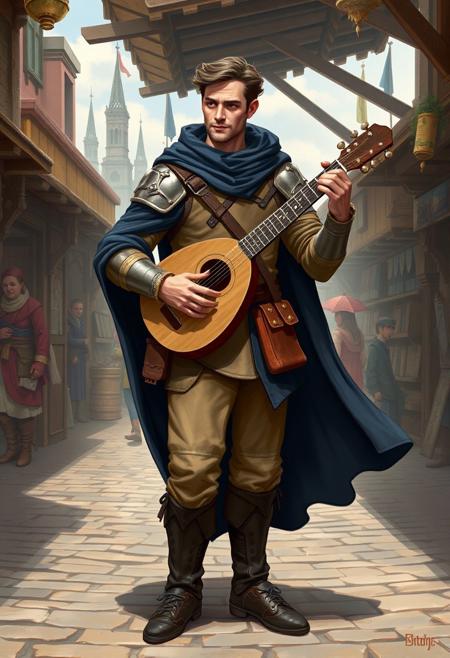 “Design a tall, thin, and attractive human male in his early 20s, playing the lute. He is a level 3 Bard in a Dungeons & Dragons fantasy setting. Dressed in light leather armor with simple patterns, a flowing dark-blue cloak, and a satchel filled with parchment and musical notes at his side, he stands in a vibrant, medieval marketplace. His lute is simply crafted, and he strums it confidently, enchanting the onlookers around him. The background features cobblestone streets, wooden stalls, and distant towering spires. The atmosphere feels alive with magic and music.”