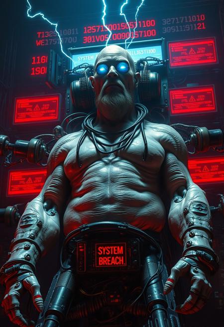 Big tall old sexy gay musclechub granddad, HR Giger sci-fi horror film, dark cinematic sci-fi atmosphere, blame! Megastructure by tsutomu nihei, biomechanic cyborg plugged into machine with many big cables and colorcoded wires, multiple robotic arms coming out of his back like a god of illusion, huge tubes connected to body, organic fleshy components and pale wet skin with large musclefibers, machine god embedded into huge cybernetic throne, glowing blue eyes that emit electric lightning, short-circuit, thunderbolts, red glowing Datastream surrounding cables, screen in back with a lot of binary code on it, red holographic screens with errorcode and exclamation marks floating around  god, one screen displaying "SYSTEM BREACH!", calm serene stoic expression on machine gods face