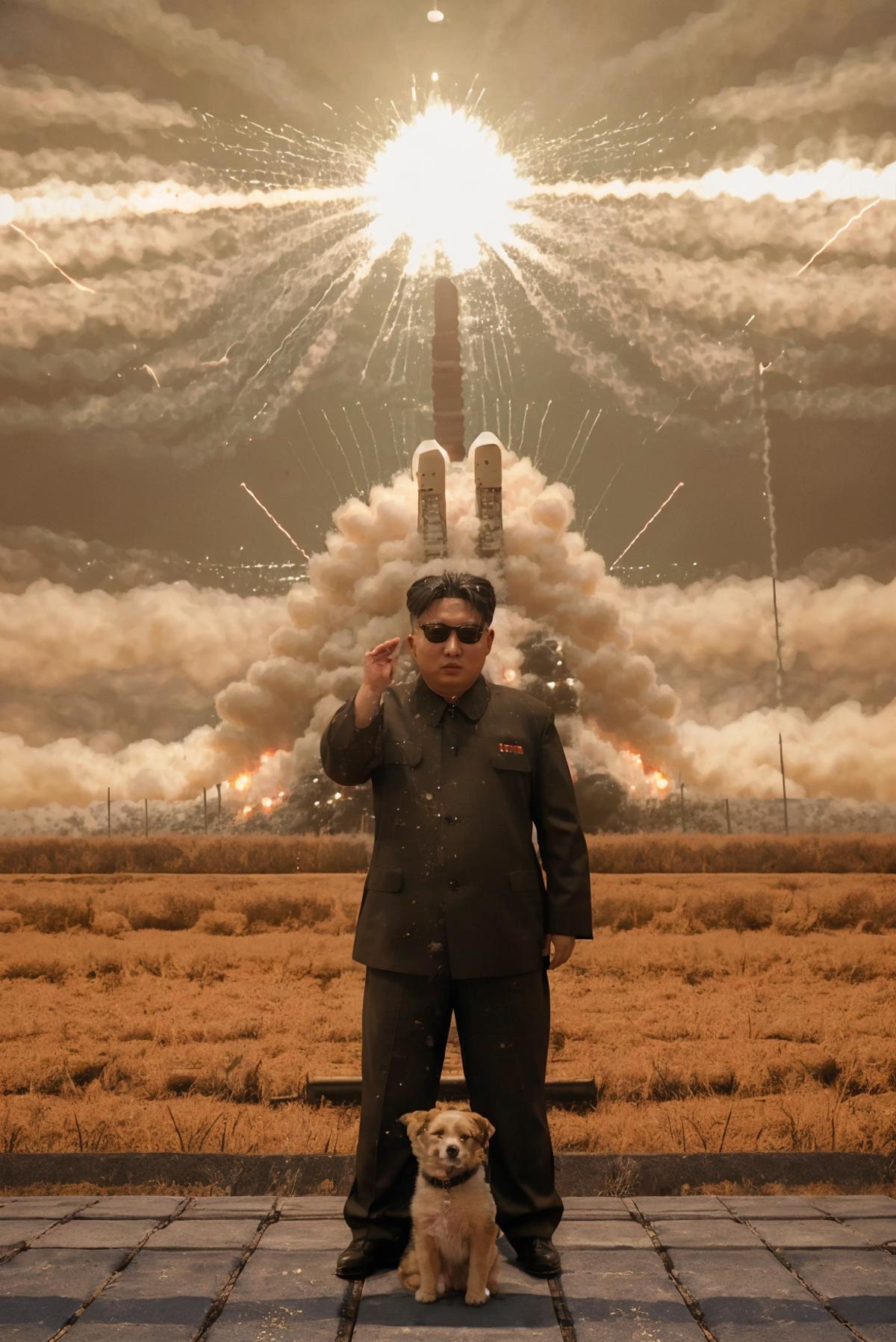 Man with Sunglasses and Tie in Front of Rockets and Explosions