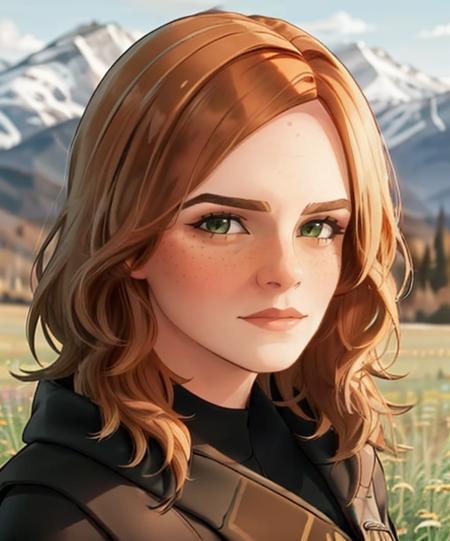 portrait, (adult woman), (1girl, solo), (looking at viewer), ((black witch robes)), freckles, (orange hair, medium hair), (green eyes), ((field, mountains)), (best quality, high detail), ((masterpiece)),   <lora:1_whatif_18e:1>,  <lora:Emma Watson:0.6> Emma Watson,