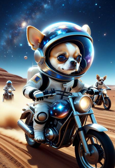 (made of CosmicStyle:1.3),  CosmicStyle, from side, closeup cute small motorcycle made of CosmicStyle, astronaut chihuahua driving, wear round goggles, wear animal ears helmet, wear CosmicStyle astronaut suit, run through on space planet dirt road, Dust, (surround by multiple motorcycles:1.2), space, galaxy, cinematic, cinematic lighting, (masterpiece, best quality:1.4), ultra-high res, 4k, Photorealistic, insanely detailed, sfw,