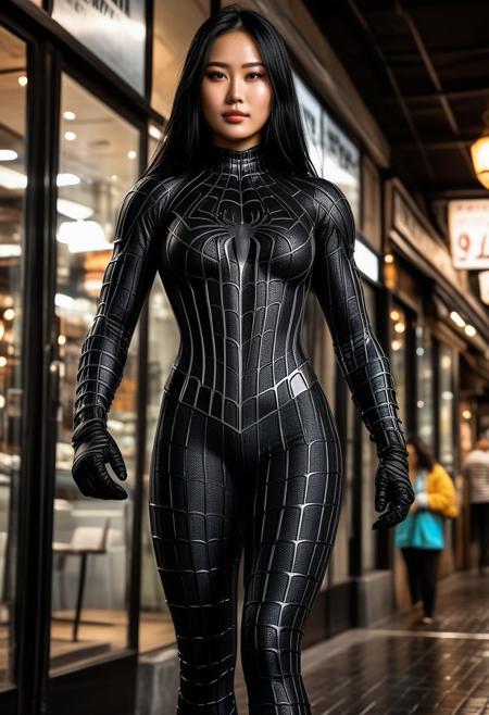 score_9, score_8_up, score_7_up, best quality, realistic, masterpiece, beautiful detail, hyperrealistic, cafe, ((1girl, woman body, huge breasts)), amazing detailed full body portrait of a beautiful japanese girl, wearing a realistic and highly detailed black raimi spider-man suit, ((huge muscular girl)), professional model wears ultra - detailed and grained black raimi spider - man suit, suit covered entire body and hand, black spiderman gloves, wet, ((standing, full body shot, pose variation:1.5, alternate pose:1.5, selfie)), (((depth of field))), sweet smile, black hair, octane render, highly detailed, volumetric, dramatic lighting, (highest quality:1.1), (HDR:1.3), (top quality, best quality), realistic, high definition, Expressionism - sharp focus, professional photography, masterpiece, ultra detailed photograph, high quality, 8k,
