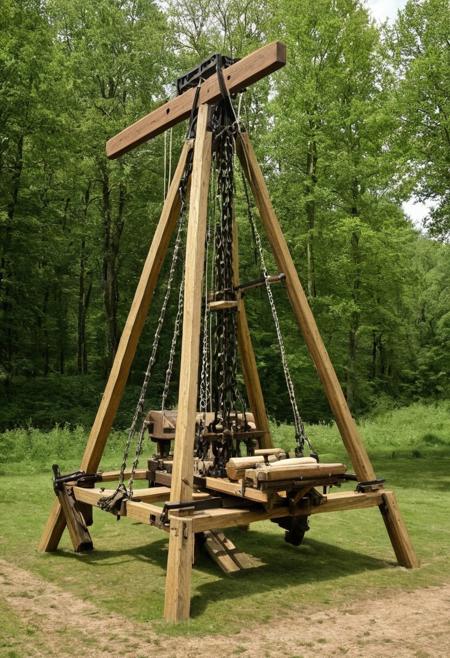"CATAPULT OF THE CENTURIES"
Labels:
Weapon Type: Counterweight trebuchet (13th century)
Materials: Oak beams, iron chains, stone/fire projectile.
Design: Gravity force (up to 10 tons) for throwing objects.
Technical parameters:
Range: 200–300 m
Projectile weight: 50–100 kg
Reload time: 15–30 minutes.