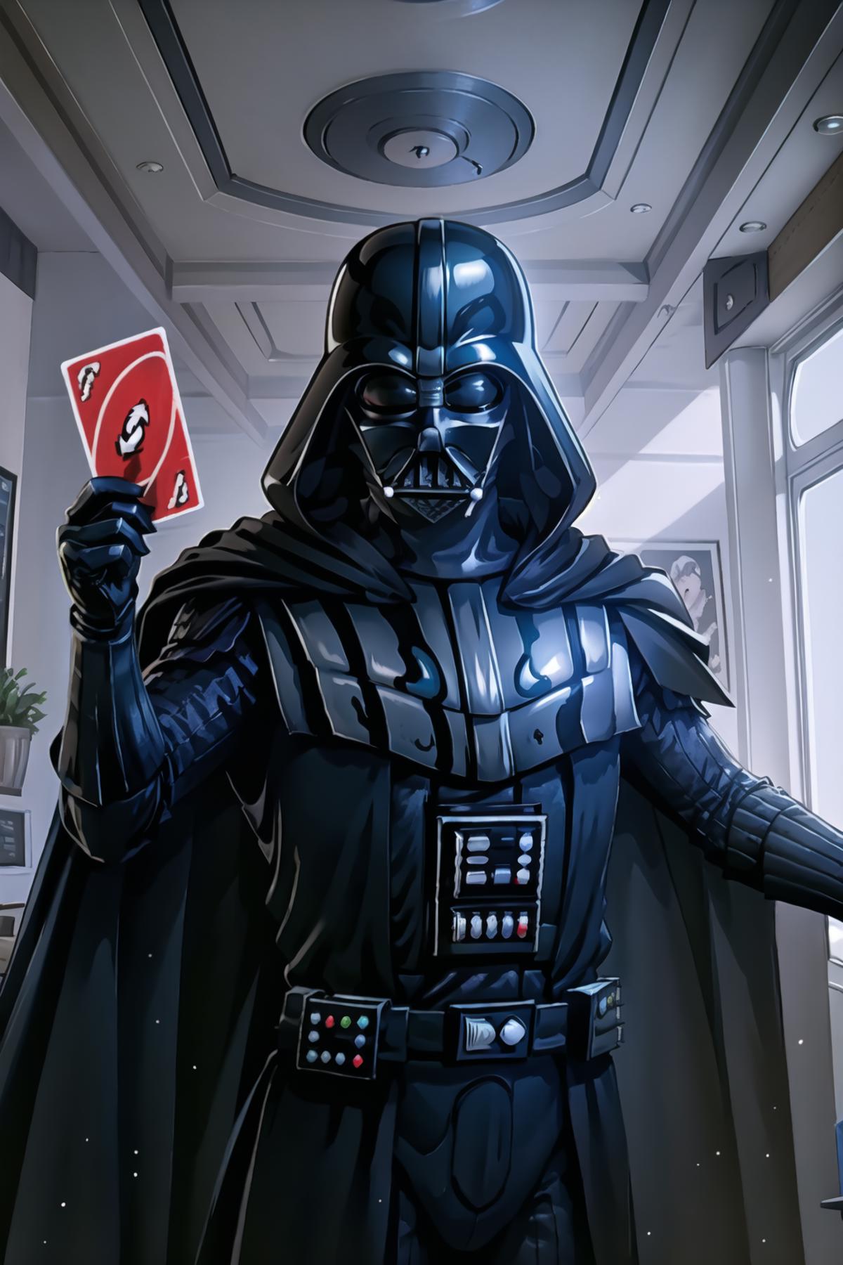 Darth Vader holding a card in a room with a potted plant.