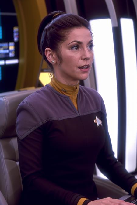 woman with black ponytail in black and yellow ds9st uniform,in a spaceship, 8k uhd, dslr, soft lighting, high quality, film grain,masterpiece quality,Fujifilm XT3<lora:DS9_768V12:0.8>