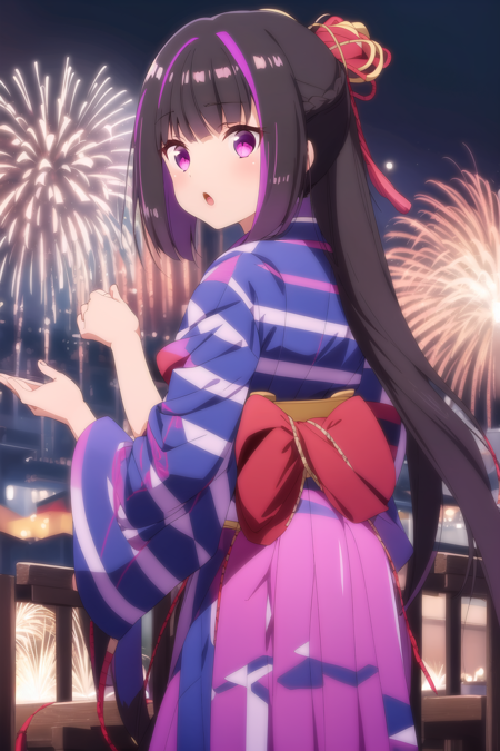 1girl, solo, japanese clothes, multicolored hair, purple eyes, kimono, looking back, open mouth, looking at viewer, bow, pink kimono, streaked hair, looking at viewer, purple hair, black hair, long hair, wide sleeves, fireworks, :o, from behind, striped, long sleeves, red bow, hakama, festival, skirt, sash, standing, hakama skirt, surprised, hands up, bangs, striped kimono, eyelashes, alternate costume, vertical stripes, back bow