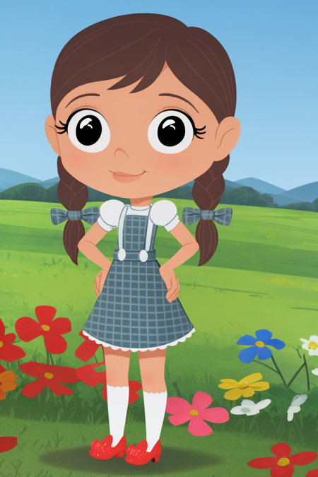 masterpiece, best quality, 1girl, dorothy, brown hair, twin braids, black eyes, blue dress, shoes, hands on hips, full body, solo, looking at viewer, grass, blue sky, meadow background  <lora:Dorothy:1>