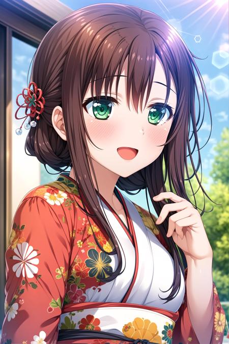  green eyes,long hair, brown hair, hair ornament, hairclip,