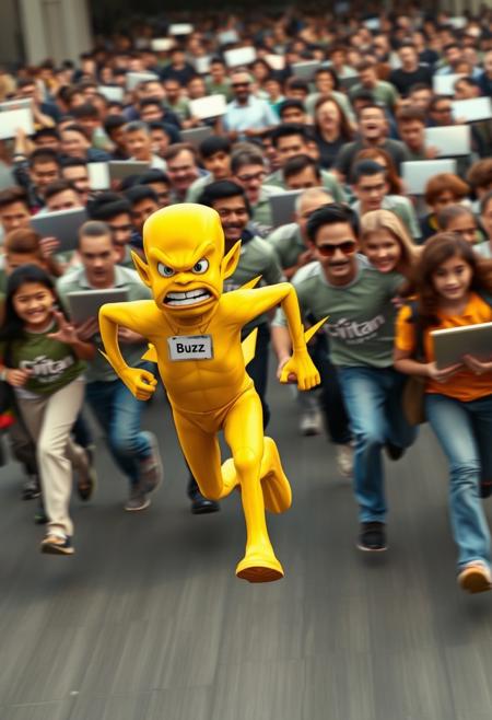 "Golden yellow thunderbolt, its body shaped like a stylized lightning bolt, sprints away from a frenzied mob of people. The thunderbolt, wearing a name tag that reads "Buzz", runs with a determined expression, its legs and arms blurred as it gains speed. Behind, a horde of pursuers, clad in "Civitan" shirts and carrying open laptops, gives chase, their faces set in a fierce determination to catch the elusive thunderbolt. The scene is one of dynamic energy, with the thunderbolt's bright yellow color standing out against the chaotic, muted tones of the pursuers. Style: fast-paced, action-packed, and humorous, with a focus on capturing the excitement and tension of the chase."