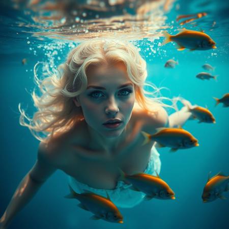 there is a beautifull woman swimming in a sea,  blond hair, super focus on female, superrealistic, fishes are swimming near to the woman