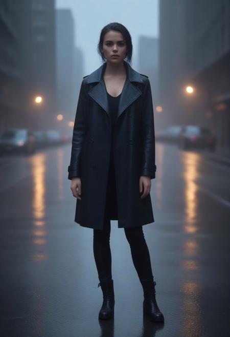Ultra-detailed, cinematic mood: a young woman stands alone on a rain-slicked urban street, her glossy black leather coat gleaming under the soft glow of flickering streetlights. Droplets cascade down the smooth, tailored surface, reflecting hues of neon blue and violet from the surrounding cityscape. Her posture is poised yet relaxed, the coat’s high collar framing her face—sharp cheekbones dewy with rain, piercing eyes catching the light, strands of wet hair clinging to her skin. The rain falls in a steady, gentle rhythm, pooling in shallow ripples around her boots, while faint steam rises from the warm asphalt. In the background, a futuristic skyline looms—towering structures shrouded in mist, their edges softened by the downpour. Moody tones, dynamic reflections, and a sense of quiet strength infuse the scene