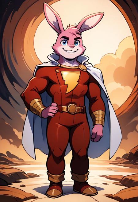 score_9, score_8_up, score_7_up, score_6_up, best quality, source_anime, (cute), solo, 1boy, male, Shazam, shortstack, looking at viewer, love, source_cartoon, standing, hand on hip, furry, exterior, Rainbow, smile, waving, full body, red suit, pink fur, anthro rabbit, rabbit, furry, white cape,
