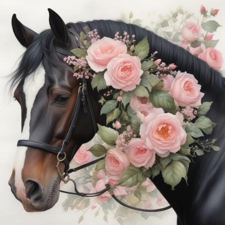 Watercolor vintage oil painting inspired by artist Sonie Ames, winter Christmas theme, black horse, pink ribbon, pink berries, a few blush ink david austin roses, peachy cream cabbage roses, white babies breath, stark white background, like a trending piece on ArtStation, with sharp focus and intricate details akin to a Greg Rutkowski studio photograph, highly detailed, ultra-fine, digital painting.