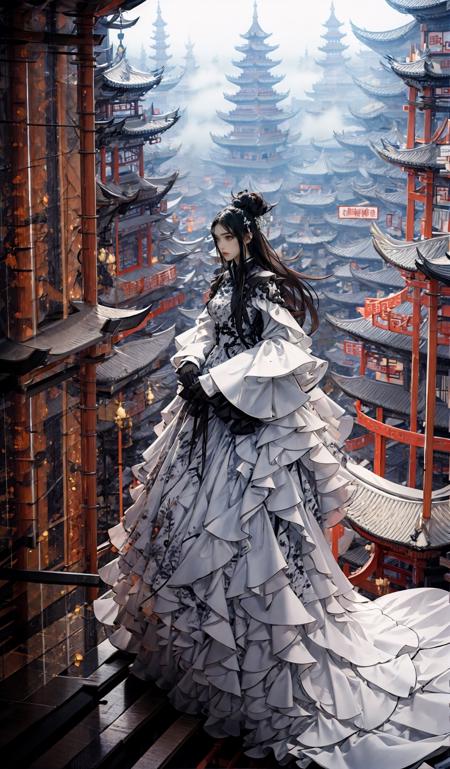 (dramatic, gritty, intense:1.4),masterpiece, best quality, 32k, insane details, intricate details, hyperdetailed, hyper quality, high detail, ultra detailed, Masterpiece, elaborate Hanfu(Hanfu:1.4)(Chinese architecture:1.5)
1 girls, smokefogA high fashion model, in an elaborate Hanfu designed by Alexander McQueen, stands amidst a bustling metropolis' futuristic architecture. This full body shot for Vogue, captured by Andreas Gursky, melds tradition and modernity
<lora:~Q?-[lIg
:0.6>