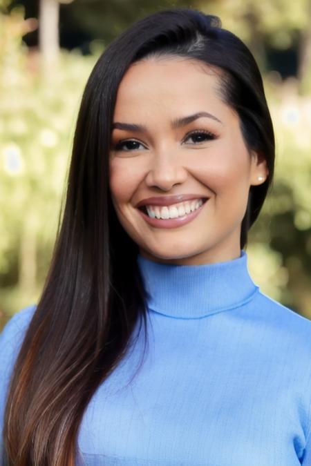 Photo of beautiful jul13tt3 woman, detailed face smiling, (blurred background)+, light blue turtleneck blouse, in a park