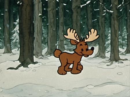 A moose smiling, dark snowy forest background, Rune Andreasson style <lora:Rune_Andreasson_Style:1>