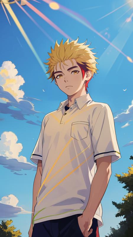 <lora:kaito-3:1>,1boy,kaito,masterpiece,best quality,multicolored hair,gym_uniform,yellow hair,absurdres,incredibly absurdres,artbook,rim light,Tyndall effect,simple_background,in summer,in spring,cirrus,Altocumulus,nature,upper_body,out of frame