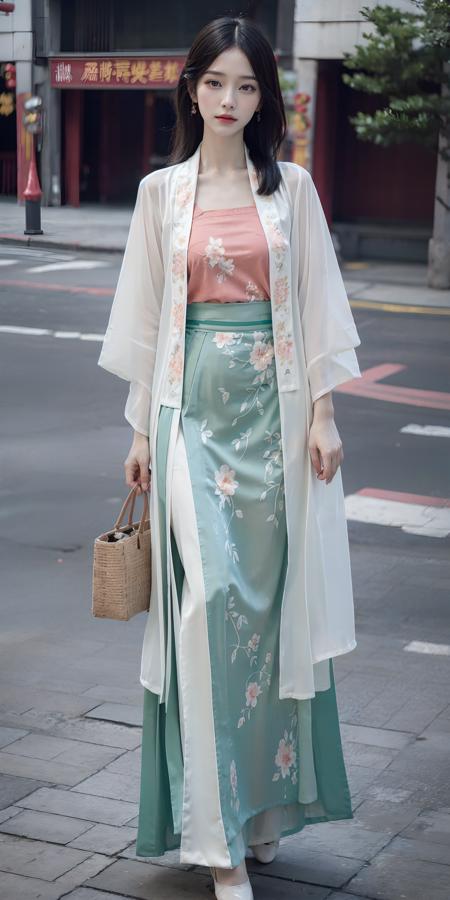 <lora:Song_HanFu:0.7>,(hanfu),(floral print:1.3),(pink see-through shirt),(green see-through print long skirt),(long sleeves),1 girl,full body,(long hair:1.1), (realistic:1.7),((best quality)),absurdres,(ultra high res),(photorealistic:1.6),photorealistic,octane render,(hyperrealistic:1.2), (photorealistic face:1.2), (8k), (4k), (Masterpiece),(realistic skin texture), (illustration, cinematic lighting,wallpaper),( beautiful eyes:1.2),((((perfect face)))),(cute),(standing),(black hair),black eyes,red lips, outdoors, (chinese style buildings), <lora:JapaneseDollLikeness_v15:0.4>,