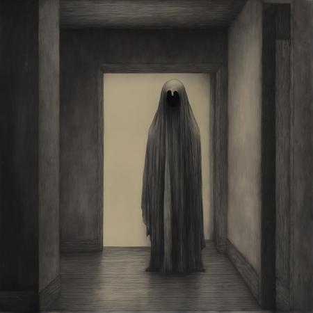 johnmortensen drawing of A ghost figure standing on a hallway, photograph, dark cold color palette, muted colors, detailed, 8k