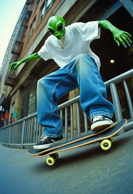 a y2k style photograph low angle shot of an alien with green skin wearing hiphop style clothing with baggy blue jeans and a white tshirt skateboarding through a city street. The alien is rideing the skateboard along a metal railing as the alien balances on the board with his arms streached out beside him. The shot is taken with a y2k photography style with a slight fish-eye lense. The alien is grinding along the railing, the skateboard is on top of the railing. The photograph captures the full scene. captured from floor level.