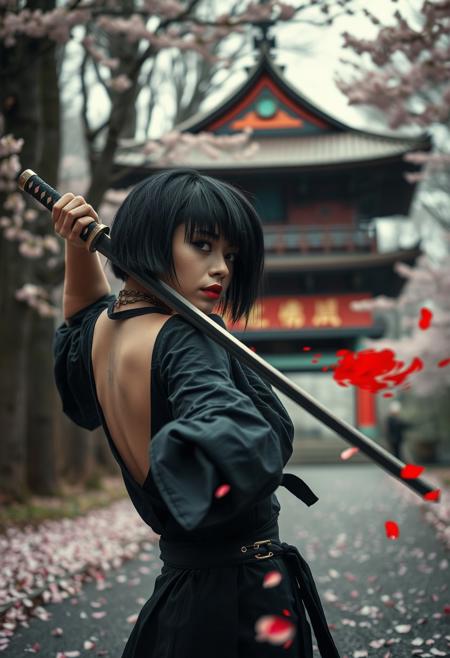 A chic and mysterious scene featuring a hippie woman with short, black hair and a sly glance over her shoulder, half-turned. She is dressed in an avant-garde, Gothic-inspired Hans Rudi Giger-esque fashion, with a touch of traditional samurai attire. The woman wields a katana, causing red paint to fly off as she swings it, creating a motion effect. The background is a blurred exposure of a Buddhist pagoda in a forest, with fallen sakura petals lining the avenue. The atmosphere is a mix of fashion, cinematic flair, and a hint of surrealism., photo, fashion, cinematic