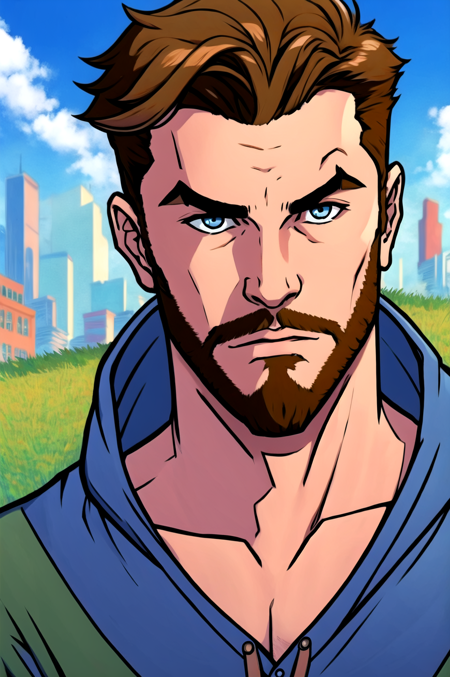 1boy, male focus, solo, facial hair, solo, beard, blue eyes, looking at viewer, outdoors, brown hair, day, closed mouth, short hair, upper body, grass, portrait, sky, hood, bangs, collarbone, thick eyebrows, black hair,depth_of_field, city background,