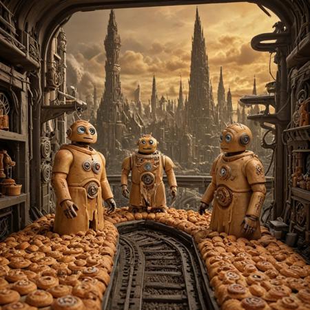 2 robots made out of baked goods  in a bakedgood monorail station . they are in robes made out of baked goods that are worn. the are looking out over the  city made out of baked goods . Monorail track. 
hive city made out of gears is in the background and is made up of tall buildings made out of gears and towers made out of gears. The sky is sunset and there are  clouds in the distance a river run through it flooding the city. extremely detailed, moody
 <lora:Hive-City:1>