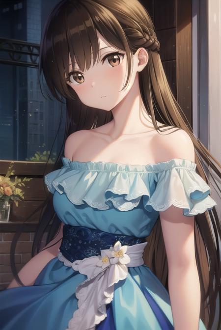 chizuruichinosepopochichi, <lora:chizuruichinosepopochichi-lora-nochekaiser:1>,
chizuru ichinose popochichi, long hair, brown hair, (brown eyes:1.7), (one side up:1.5), bangs, braid, hair braid,
BREAK bare shoulders, dress, strapless dress, strapless, short sleeves, blue dress, skirt, blue skirt,
BREAK outdoors, city,
BREAK looking at viewer, (cowboy shot:1.5),
BREAK <lyco:GoodHands-beta2:1>, (masterpiece:1.2), best quality, high resolution, unity 8k wallpaper, (illustration:0.8), (beautiful detailed eyes:1.6), extremely detailed face, perfect lighting, extremely detailed CG, (perfect hands, perfect anatomy),