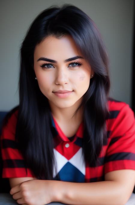 (Masterpiece Photo:) of (Happy) anahenao  wearing checkered red and black shirt and blue jeans staring at the viewer,(big brown eyes) ,(checkered red and black shirt), (blue jeans),Highly Detailed,(close portrait:1.3),(Feminine:1.4),(beautiful:1.4),(attractive:1.3),calendar pose,perfectly detailed eyes,studio lighting,thematic background, (high detailed skin:1.2), 8k uhd, dslr, soft lighting, high quality, film grain, Fujifilm XT3