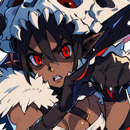 Shaman,  red eyes,short black hair, pointy ears, dark-skinned female, flat chest,  menacing look,  
Sattire, thighhighs, midriff,  bandeau,  gloves, claws, fur trim, loincloth, animal skull,
swamp,
(insanely detailed, beautiful detailed face, masterpiece, best quality) <lora:Shaman-09:0.8>