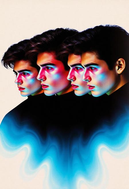 4 Caucasian Male models  , all identical but in different stances , crystallisation, schizophernia, bioluminescent Jem the Hologram, surreal psychedelic flowing avant-garde art by Yoh Nagao and Erik Madigan Heck and Alan Aldridge, 1980's new wave totally radical fashion.,side view, side eye,
