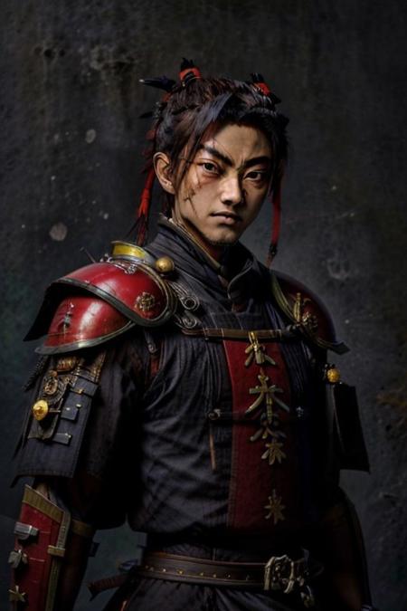 RetroAnime Style, 1man, male, solo, long hair, black hair,  topknot, loraeyes, (((colored skin, red skin red skin red skin, red eyes, black sclera))), evil smile, smirk, (((samurai armor))), flames, fire, Hell, demons, sinister, villain, monster, demon, retro artstyle, 1990s (style), , masterpiece, best quality , official art , <lora:RetroAnime:0.8>, sfw
