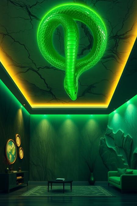 jade_snake. 0n1r1c. Living room, big jade_snake on the ceiling, glorious glow, lights on the wall, green aura