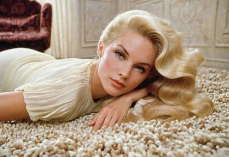 Sideview, Paint a vivid picture of an elegant, slender woman with cascading waves of blonde hair, lounging on a luxurious high-pile carpet that exudes the cozy charm of the 1970s