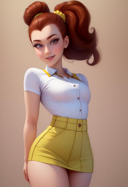 (masterpiece:1.4), (best quality:1.4), (high resolution:1.4), cartoon style, LuanLoud <lora:LuanLoud:1>, smile, brown hair, pale skin, cowboy shot, white shirt, yellow mini skirt, looking at viewer, detailed face, detailed eyes, small breasts, curvy, ribbon, ponytail, buckteet, artstation female body, from the front, dynamic pose, solo, 1girl, <lora:add_detail:0.7>