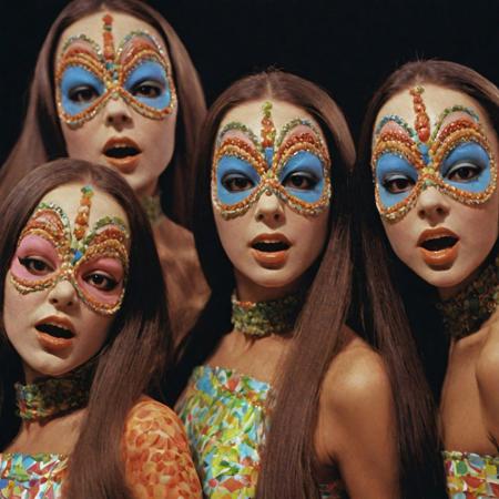 a surreal and movie still close-up-shot, a 1970s Sao Paulo Brazil Theater of the Absurd movement, three gorgeous long hair brunette dancers distorted and exaggerated features, wearing stretched exaggerated mouths made of plastic polymer masks, their bodies painted with whimsical colorful patterns, in a bizarre and hallucinogenic theatre set, with vibrant and contrasting colors, dynamic composition, dramatic surreal theatrical lighting, Leica M3, 50mm lens