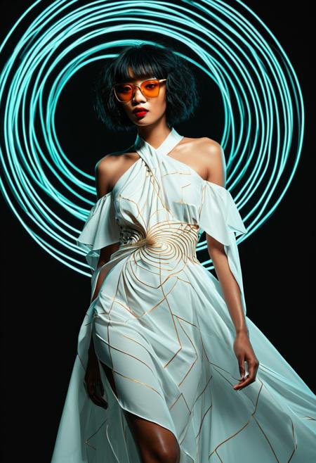 image of a 25yo, a young korean woman, pale fair skin, pretty, red lips, dark asymmetric shoulder-length hair cut hair, messy hair,  fashionable, A dark skin african  woman levitating above a spiraling vortex, her body draped in fabrics with geometric shapes. white dress, with orange gold shapes, teal while spirals light projection, light projection effect, neckbone, off-shoulder dress, dark background pitch black background, depth, artistic composition, surreal editorial photography, conceptual fashion art, bold color contrast, dramatic lighting, high-concept staging, hyperrealistic depth, avant-garde poses, stylized human figures, immersive narrative composition, fine art fashion fusion, visually striking surrealism, theatrical visual storytelling, high fashion, gel lighting, lighting projection from offscreen, projector, realism, poster, glass, tinted eyewear, digital glitch background, glass body, see-through, digital glitces, <lora:FF.101.juggernautXL_version6Rundiffusion.LORA:0.75> <lora:fenn_neoncolor:0.76> <lora:Elegence_Niji:0.8> <lora:mot_wwm:0.35> <lora:NeonSpectra:1>