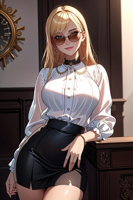 ((Masterpiece, best quality)),edgQuality,smirk,smug, blonde Nadia with sunglasses and a choker
edgCT, a woman in a blouse, and a skirt,wearing edgCT,chic top 
 <lora:edgChicTops1:0.9> <lora:Ultimate_Nadia:0.6>