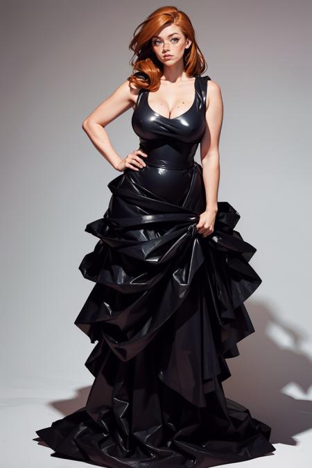 t4shqu33n, bare shoulders, standing, full body, black dress, trash bag dress, <lora:t4shqu33n:0.75> <lora:age_slider_v20:1.2> <lora:detail_slider_v4:1> <lora:Fr3ckles:0.7> Fr3ckles, freckles, ginger hair, large breasts, long hair,  white background, grey eyes, <lora:weight_slider_v2:0.75> solo