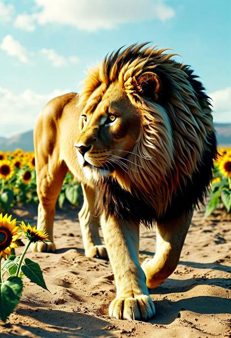 a majestic lion striding purposefully across the vast expanse of the African savanna. Golden sunlight bathes the landscape in a warm, inviting glow, while a soft, hazy sky stretches out infinitely above, painted in delicate tones of powder blue and lavender.
Now visualize the lion's silhouette becoming enveloped in a lush, verdant haze. As if transported magically from the jungle, a symphony of rich foliage fills the contours of the king of beasts' form. Graceful branches and leaves spill out from the edges of his muscular shoulders, draping down his flank like a mantle of emerald satin. Vines twist and coil around his powerful forelegs, while clusters of vibrant flowers bloom from the tufts of his ears and beard.
Despite this sudden eruption of plantlife, the lion moves with the same fluid ease and dignity as before. Each stride carries him calmly forward, hooves sinking softly into the sandy soil. His expression conveys a profound sense of peace and contentment, as if he were communing intimately with the very essence of the wilderness.
Made of Sunflowers, 
3d-rendering, concept-art, digital, dreaminess, futuristic, eeriness, fantasy, other-worldliness,  colorful, sci-fi, technological, alien worlds, space themes, advanced civilizations, 
best quality, masterpiece, aesthetic, intricate details, highly detailed, ultra-detailed, absurdres, unreal engine, octane rendering, vivid, vibrant,