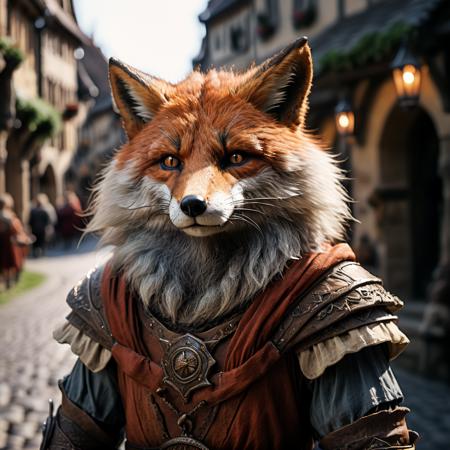 highly detailed full color candid photo of a werefox:1.2, 
realistic, depth of field, blurry background,
medieval town,
photorealistic,
analogue photography,
low key lighting,
