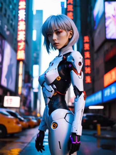 cinematic still frame, world's most beautiful cyborg Ayanami rei in Evangelion, street fashion model, cyberpunk 2077 style new york street