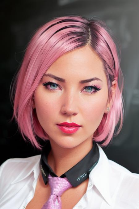 photo of a woman, oliviam-3580:0.99, ((necktie)),((short hair, pink hair)), ((closeup, portrait):1.2),((necktie, shirt)), ((chalkboard, classroom):1.1),((best quality, masterpiece, extreme details, high resolution):1.2),((detailed eyes, beautiful eyes, detailed face, beautiful face):1.2), ((red lipstick, blush, eyeliner, eye shadow):1.2)