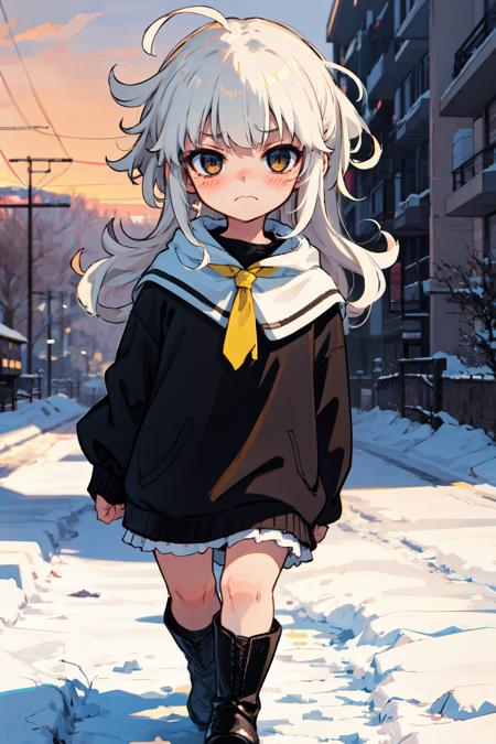 detailed background, masterpiece, best quality, mksks style, solo, 1girl, absurdly white hair, (messy hair, curly hair), black eyes, blind, large eyes, blush, facing viewer, depressed, scary, sad, frown, chibi, yellow oversized toga, yellow toga, large black boots, outdoors, snow, walking, arms behind back, sunrise, scenery