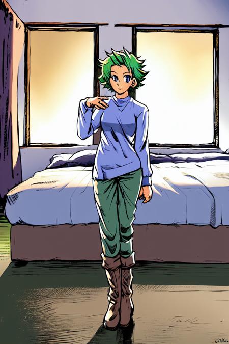 (masterpiece,best quality:1.1),1girl,solo,mature female,looking at viewer,standing,indoors,in bedroom,(long sleeve shirt,pants,boots:1.2),window,cityscape,,small breasts,barefoot,short hair,messy hair,((green hair)),centered,character portrait,full body <lora:LORA-XenoDetailer-v2:0.1>