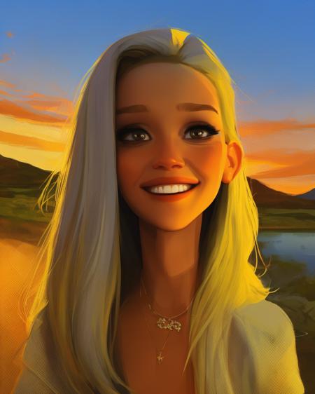 volumetric lighting, at Sunrise time, stylized digital painting, beautiful portrait, female Reese Witherspoon, smiling joyfully at the viewer