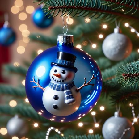 very realistic close-up photograph of a  blue Christmas sphere with a snowman on it hanging in a Christmas tree branch