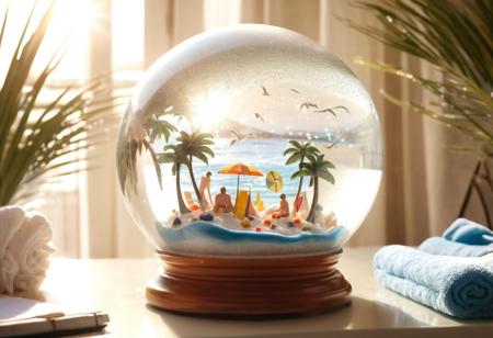 A summer snow globe with a beach, sufers, waves, palm trees, towels, swimmers, seagulls, fish inside a glass globe on a desk, beautiful sunrays sunshine stunning lighting sparkling sun glittering waves