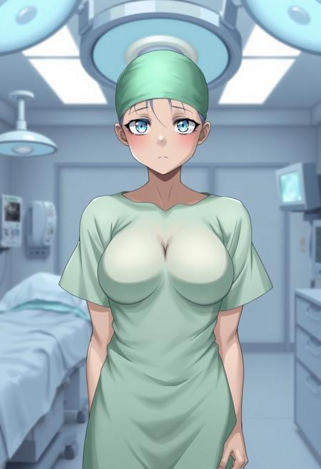 score_9:1.6, score_8_up:1.4, score_7_up:1.2, 1girl, ((solo)). 
Pale Blue eyes, ((bald:1.5)), no head hair, no hair. 
perfectly round breasts, big natural breasts, big firm breasts, standing,
sadness, 
pale green surgical gown, nipples. 
Facing the viewer. 
Hospital, surgical room.,
