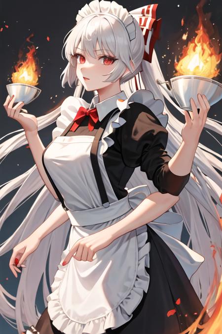 best quality, masterpiece, highres, solo, {maid:1.40}, {long maid dress:1.15}, {fujiwara_no_mokou_touhou:1.15}, long_hair, bow, hair_bow, red_eyes, white_hair, suspenders, very_long_hair, bangs, white_bow, fire, hair_ribbon